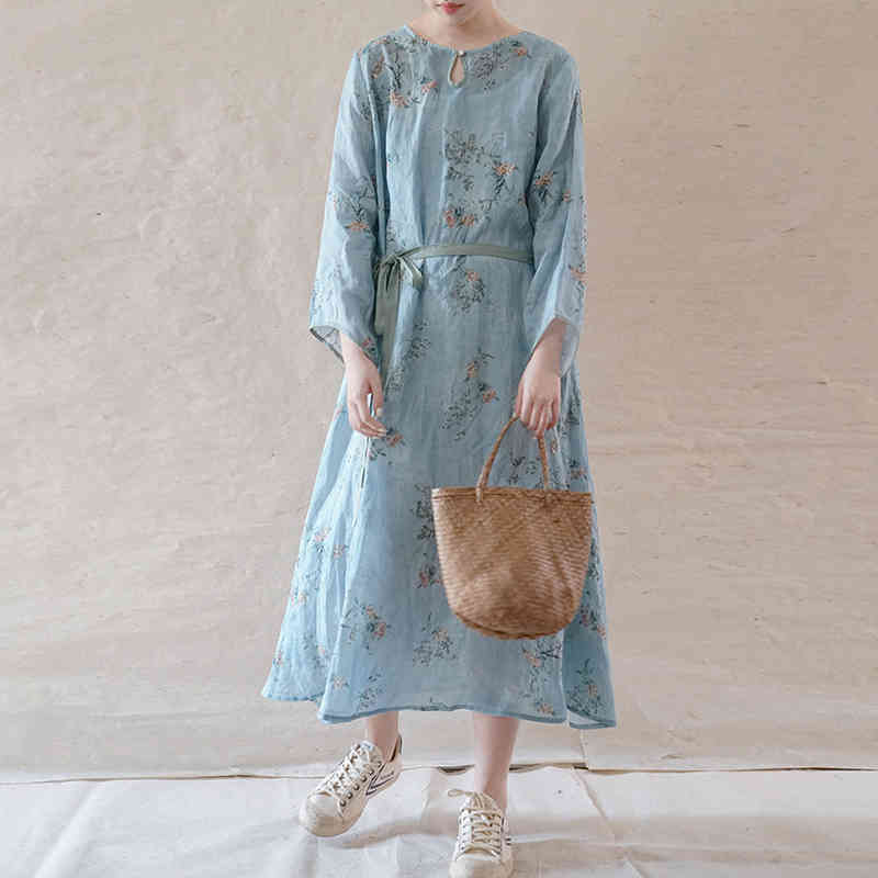 Johnature Women Vintage Print Floral Dresses Belt Ramie O-Neck Seven Sleeve Summer Chinese Style Original Female Dress 210521, Blue
Johnature Women Vintage Print Floral Dresses Belt Ramie O-Neck Seven Sleeve Summer Chinese Style Original Female Dress 210521, Blue