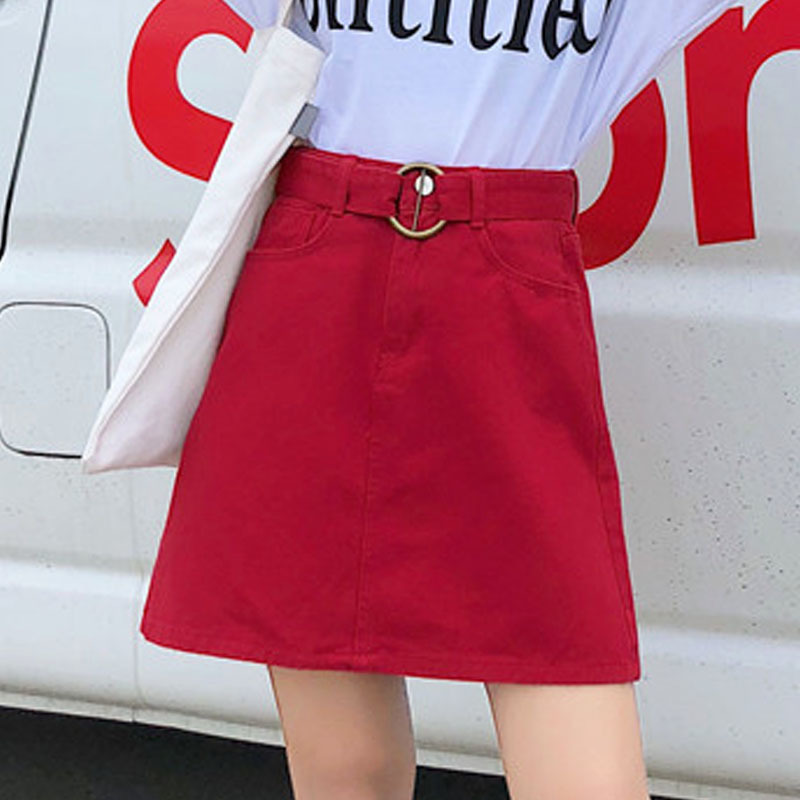 Summer Fashion Women Skirts Denim High Waist A-line Mini with Belt Solid Jean Harajuku 6066 50 210506