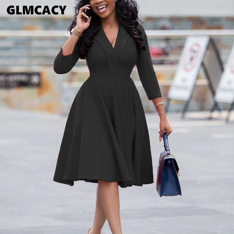 Women Plus Size Long Sleeve V-neck Dress Solid Elegant Office Lady Spring Fall Midi Party Dress 210702
