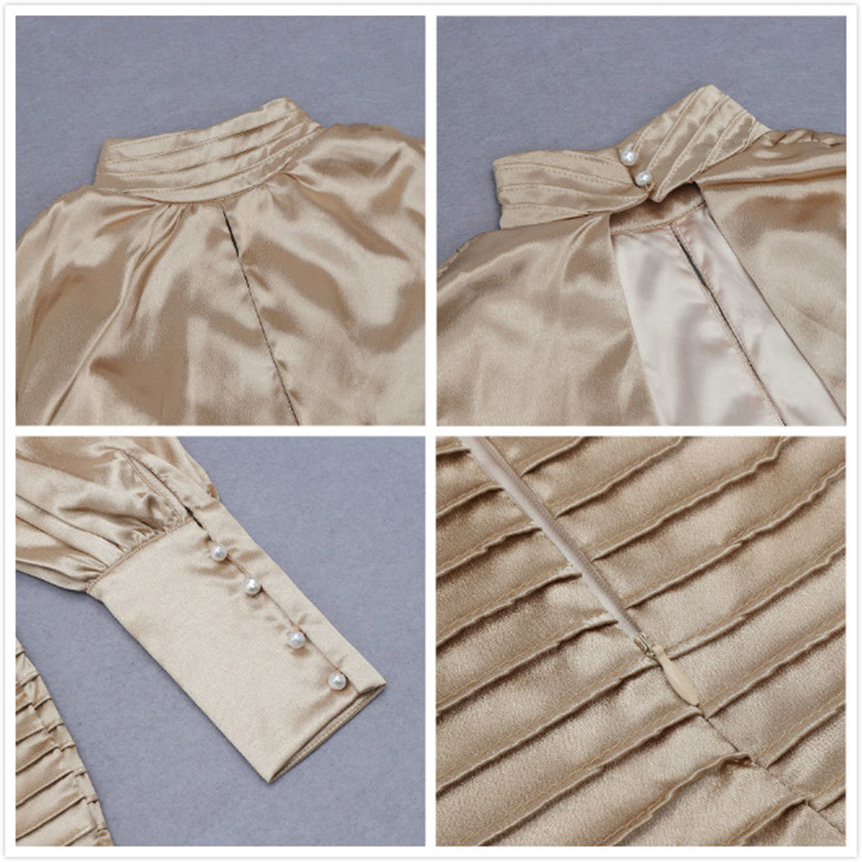 Free Autumn Women's Dresses Gold Sexy High Neck Lantern Sleeve Bodycon Halter Lace-Up Dress Club Party 210524