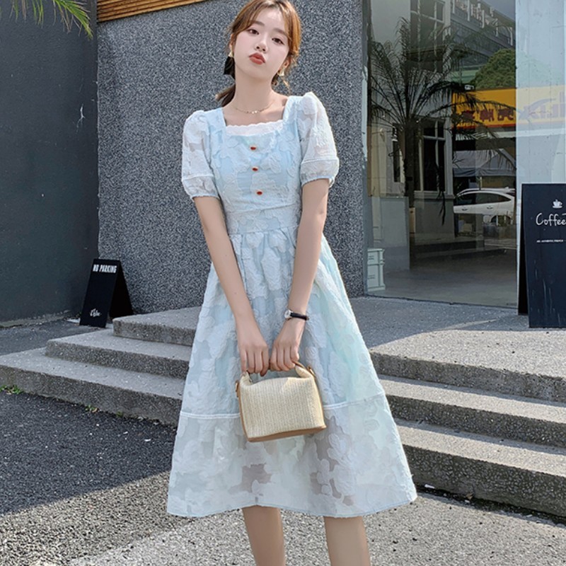 Summer Elegant Square Neck Puff Sleeve Fairy Dress Vintage Female French Slim Waist Casual Party Robe 210519
