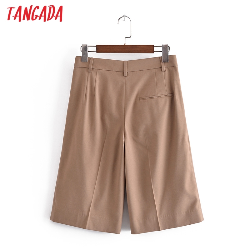 Women Elegant Solid Khaki Side Zipper Pockets Vintage OL Shorts Pantalones 3H265 210416
