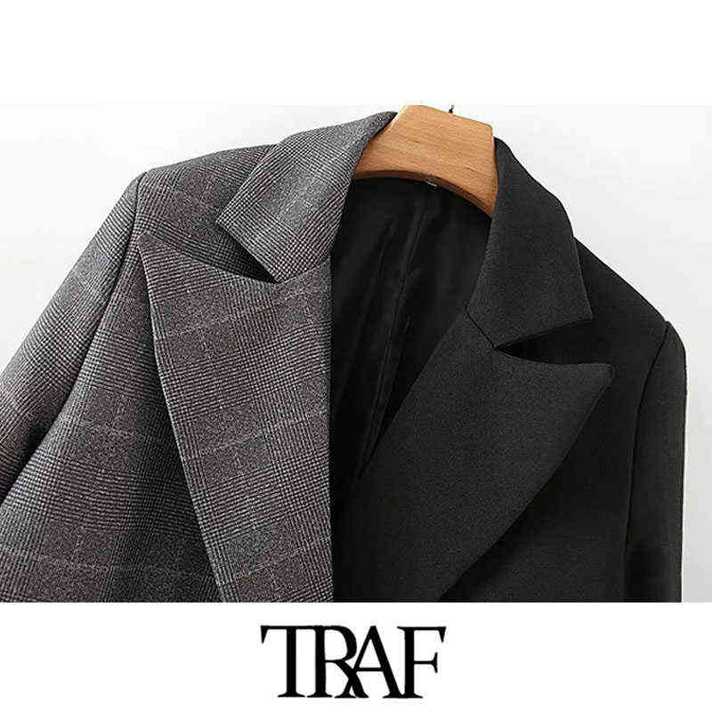 TRAF Women Fashion Double Breasted Patchwork Blazer Coat Vintage Long Sleeve Pockets Female Outerwear Chic Tops 211122