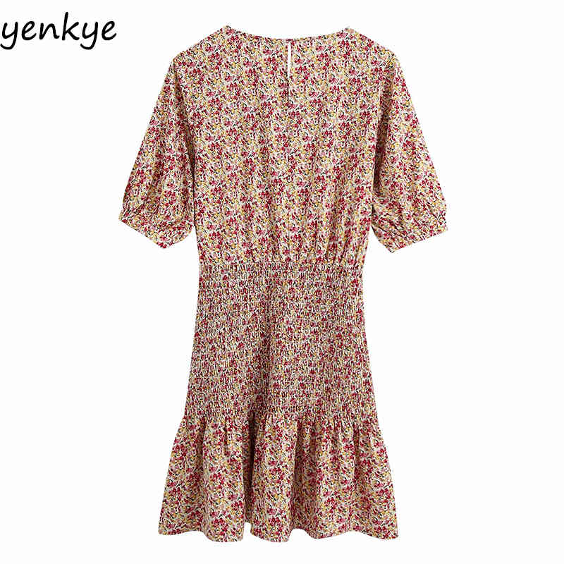 Floral Print Elastic Dress Women Round Neck Short Sleeve Hem Ruffle Mini Summer Casual Dresses robe femme BBWM2213 210515