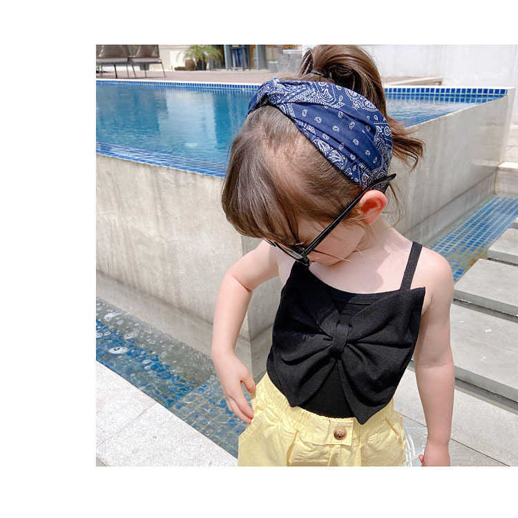 Toddler Girls Sling Vest Solid Cotton T-shirt with Big Bows Lovely Summer Kids Fashion Clothing Outfit 210529
