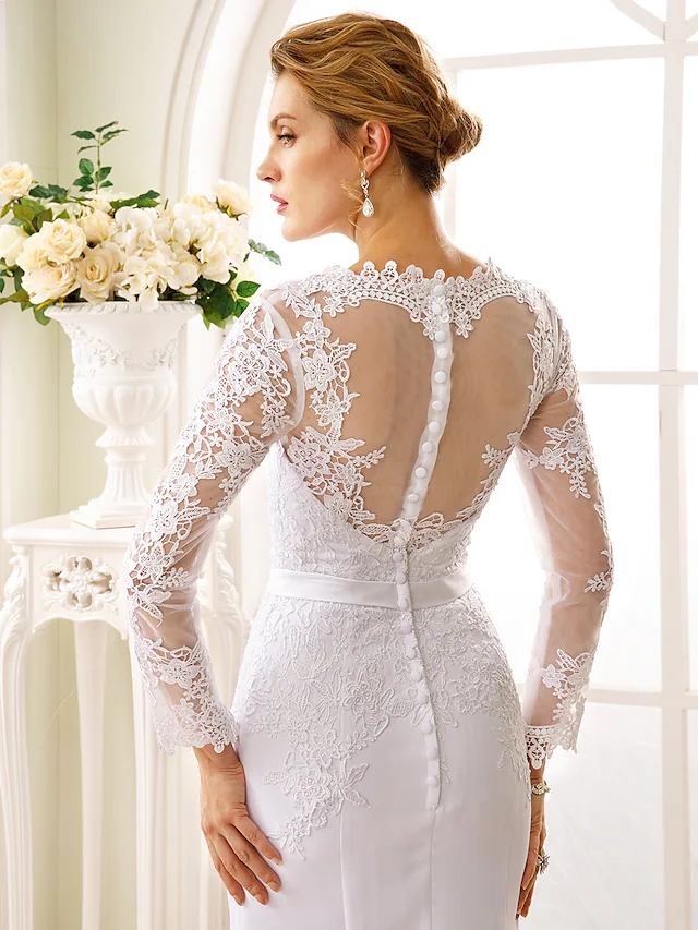 2022 Bridal Gown Trumpet Wedding Dress V Neck Court Train Chiffon Floral Lace Long Sleeve Sexy See-Through Backless Illusion Vestido De Noiva Robe De 