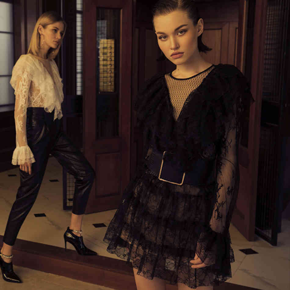 Black Lace Mini Fashion Women's Summer Dress Sexy Long Sleeve Sashes Evening Runway Club Party Outfit Lady 210423