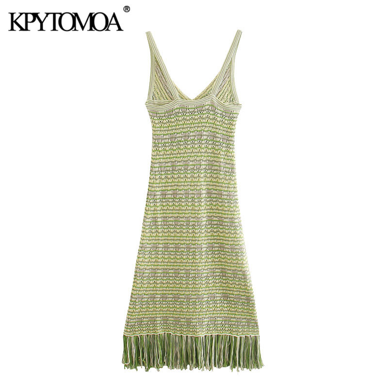 Women Chic Fashion With Tassel Knitted Midi Dress Backless Fringed Hem Straps Female Dresses Vestidos 210420