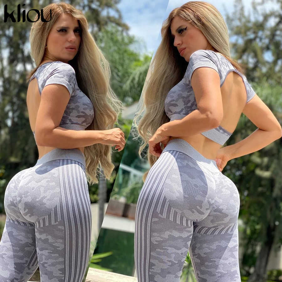 Kliou Seamless Ribbed Casual Two Piece Sets Women Striped Sporty Workout Active Wear Skinny Tracksuit Top And Pants Matching Set Y0625