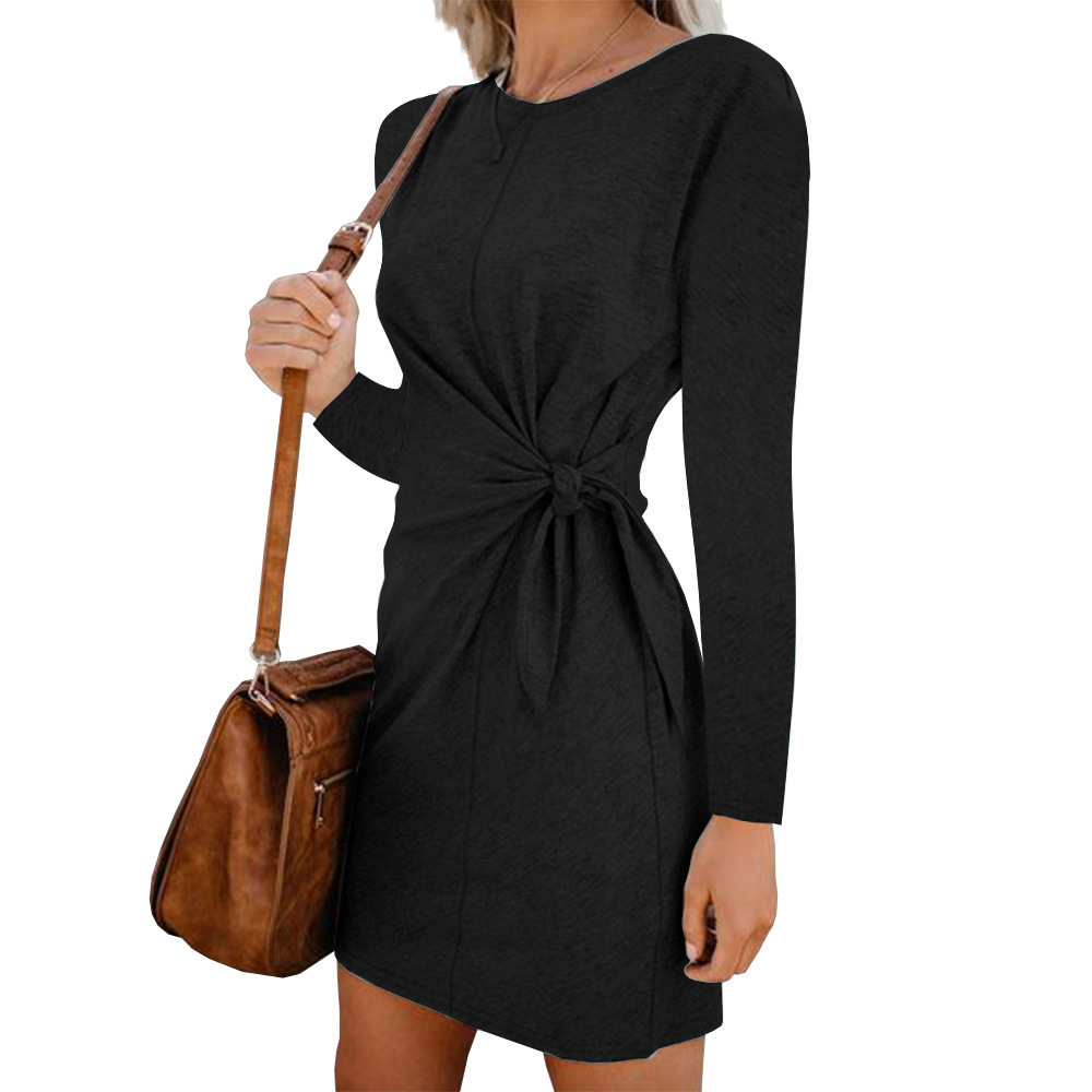 Women's Autumn Solid Color Round Neck Long Sleeve Bow Dress Temperament Office Worker Celebrity Style Short Plus Size 210522