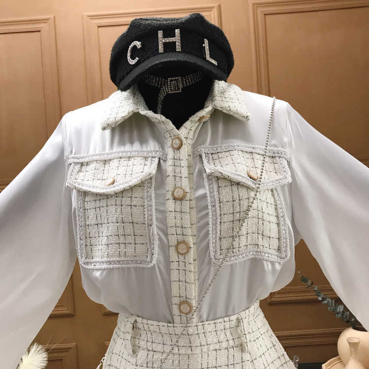 Fall Two piece set Women Tweed Patchwork Lantern sleeve Chiffon Shirt and Woolen A-line Skirt Suits With free bag 210708