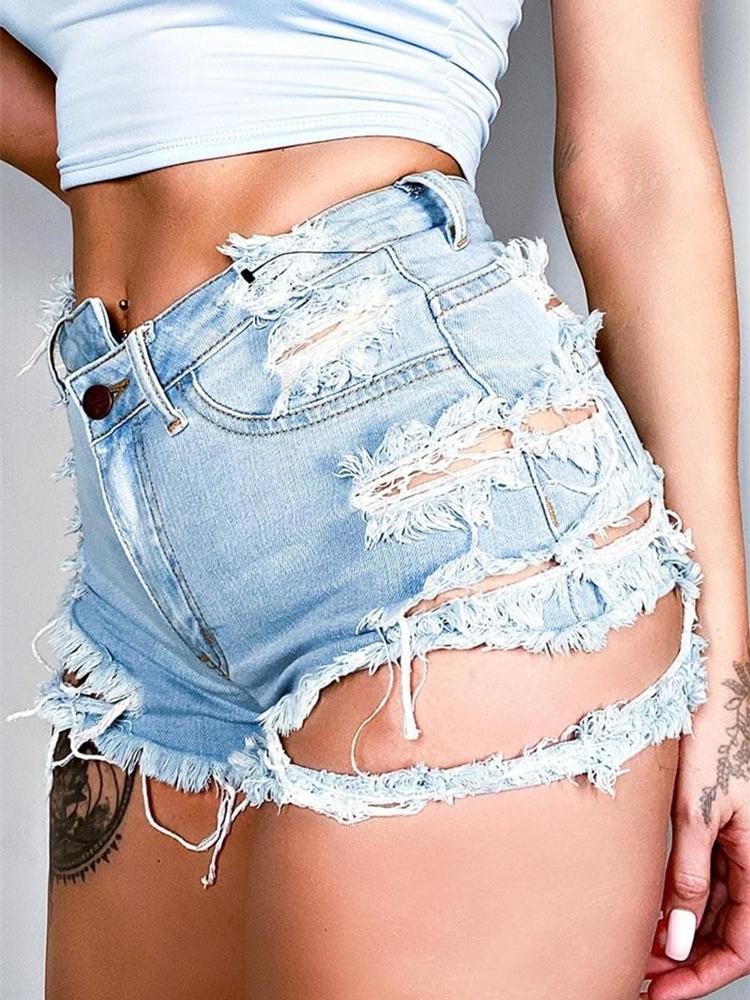 Summer Woman Sexy Ripped Denim Shorts High Waist Irregular Tassel Slim Jeans S-2XL Ropa Mujer Drop Women's