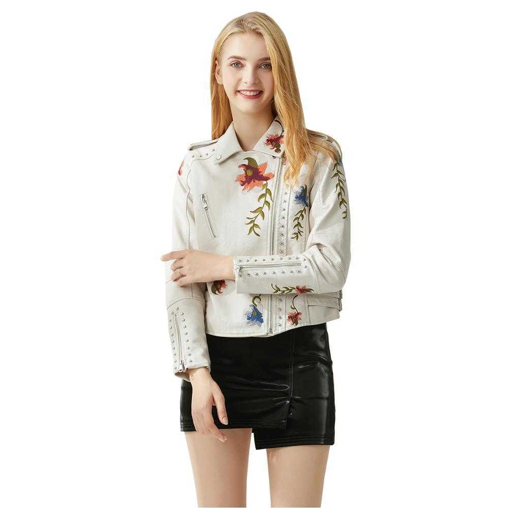 LY VAREY LIN Faux Soft Leather Jacket Women Embroidery Floral Pu Motorcycle Epaulet Zipper Punk Outerwear 210526