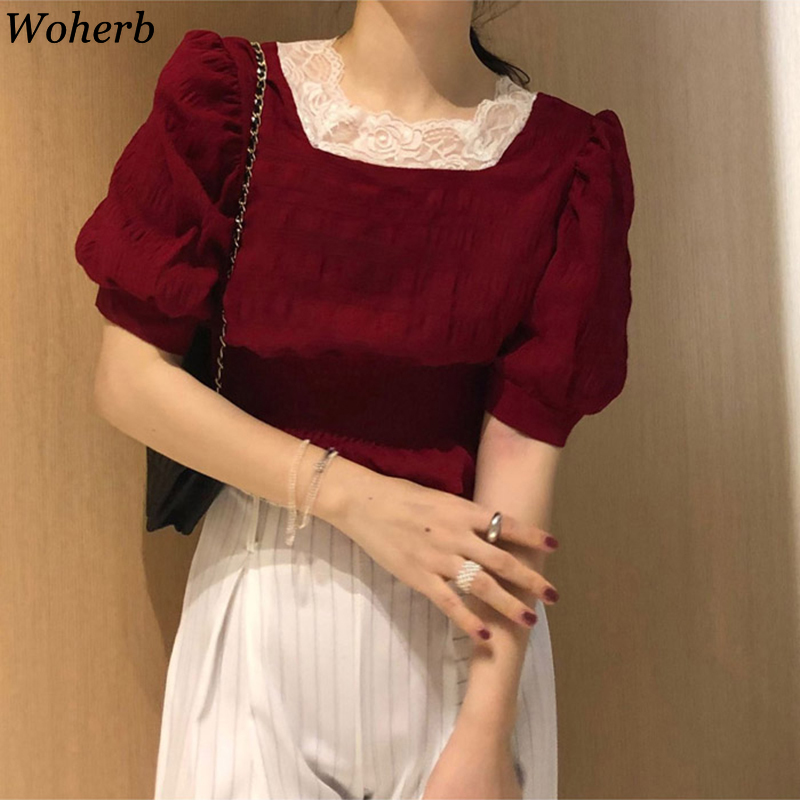Vintage Women Blouse Lace Patchwork Puff Sleeve Shirts Female Summer Slim Waist Short Blusas Korean Temperament Tops 210519
