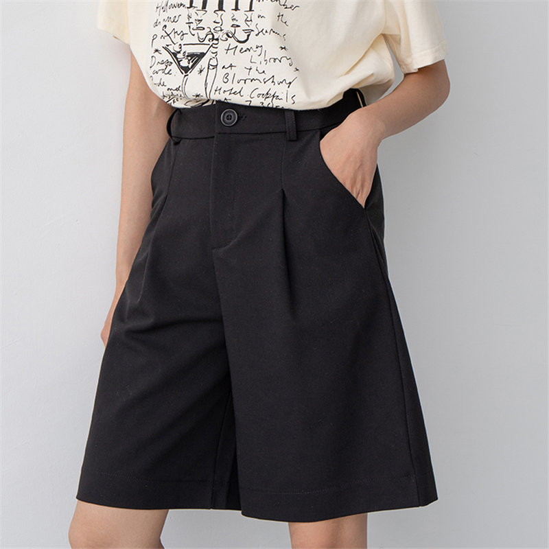 Black Solid Women's Loose Shorts BF High Waist Brief Chic Summer Large Size Casual Straight Female Wide Leg 210421