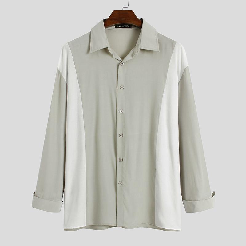 Long Sleeve Patchwork Camisa INCERUN Men Shirts Leisure Man Elegant Lapel Neck Blusas 2021 Fashion Buttons Chemise Masculina 5XL Men's Casua