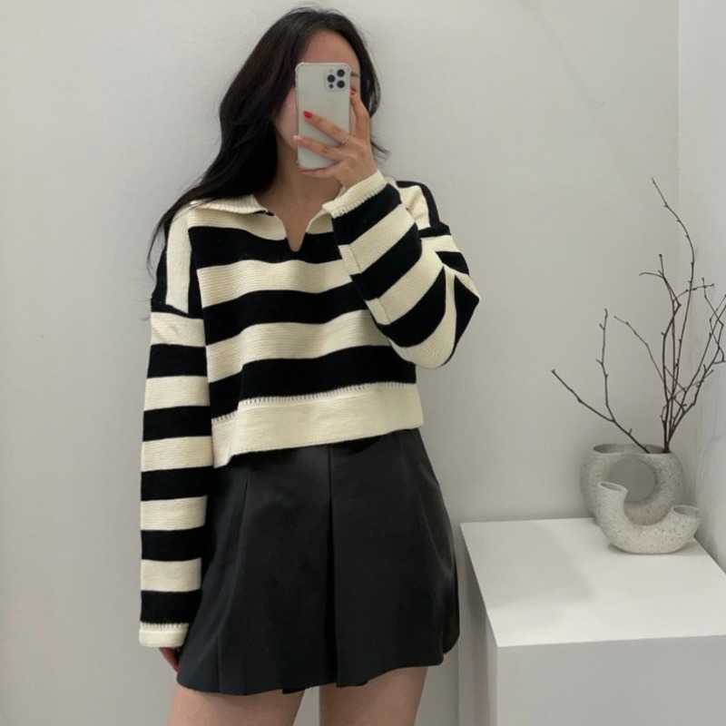 Autumn Turn Down Collar Long Sleeve Knitted Sweater Chic Hit Color Stripe Loose Pullover Tops Korean Fashion Woman Sweaters 211018