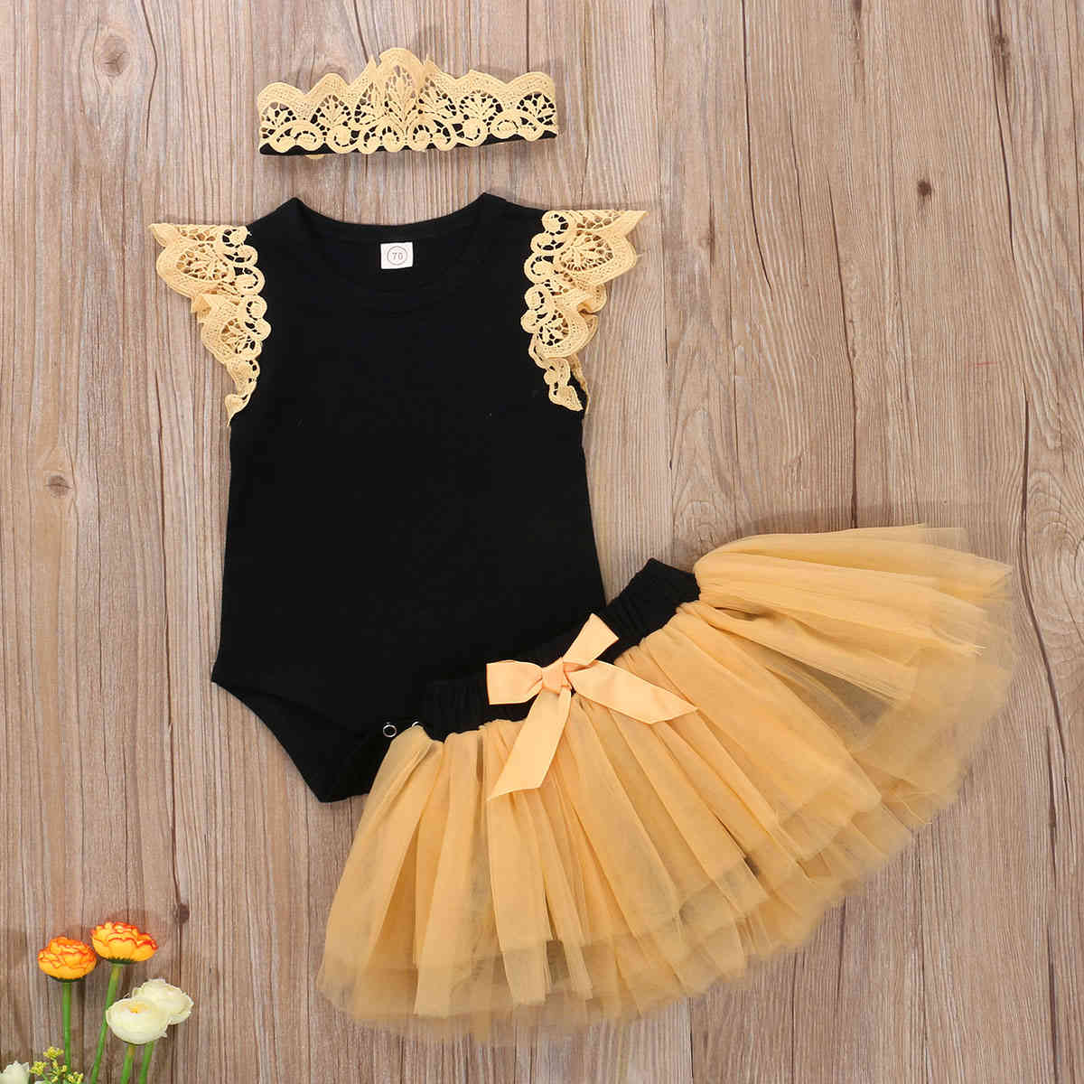 0-24M Princess born Infant Baby Girls Clothes Set Lace Fly Sleeve Romper Tulle Tutu Skirts Headband Birthday Outfits Summer 210515