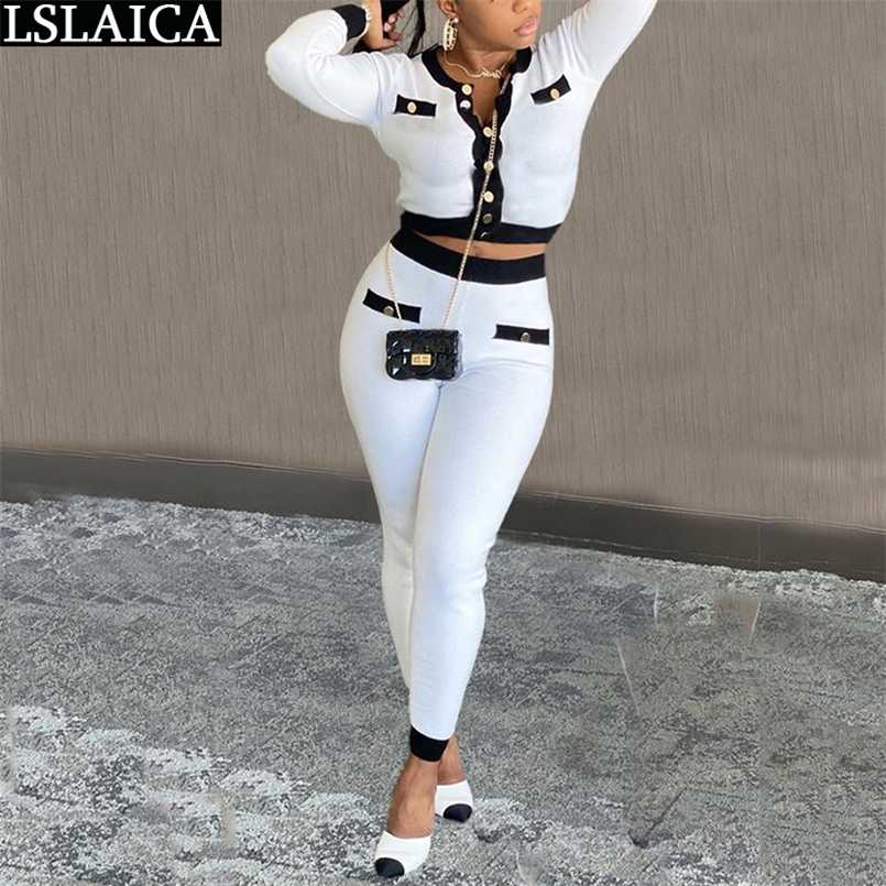 Two Peice Set for Women Outfits Autumn Fashion Patchwork Little Fragrance Chic Long Sleeve Button Crop Tops & Pencil Pants Sets 211007