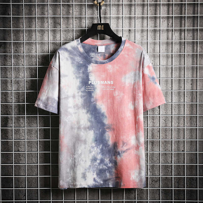 Men's T-shirt 100% Cotton Summer Plus-size M-5XL Tie-dye Front Rear Printed Fashion Casual T-shirts Male 210707