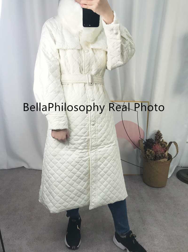 Bella Winter Long Straight Coat Rhombus Pattern Casual Sashe Parkas Pockets Argyle Long Plaid Bubble Jacket 210819