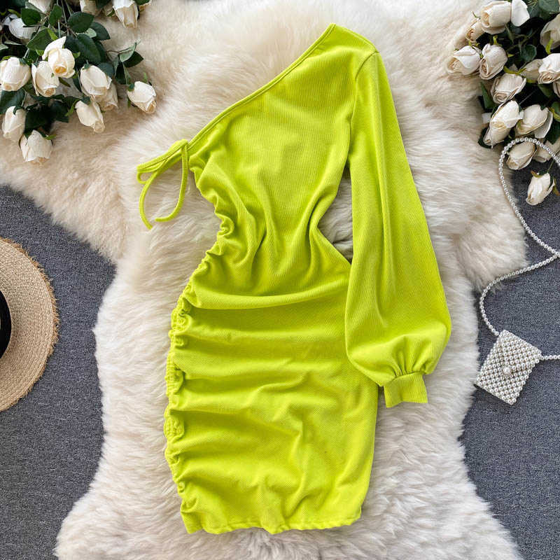 DEAT Women Slim Drawstring Dress Diagonal Collar Long Sleeve Arrivals Lady Sexy Fashion Spring Summer 11D2009 210709