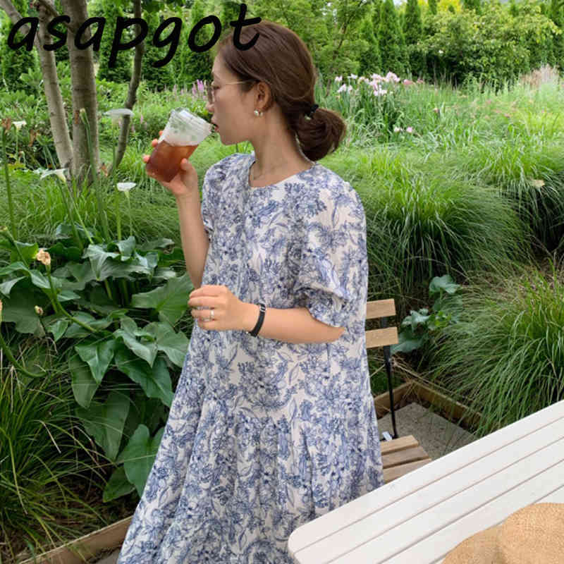 Korean Chic Summer Retro Sketch Print Dress Casual Round Neck Loose Bubble Short Sleeve Women Rufles Hand Painted 210429