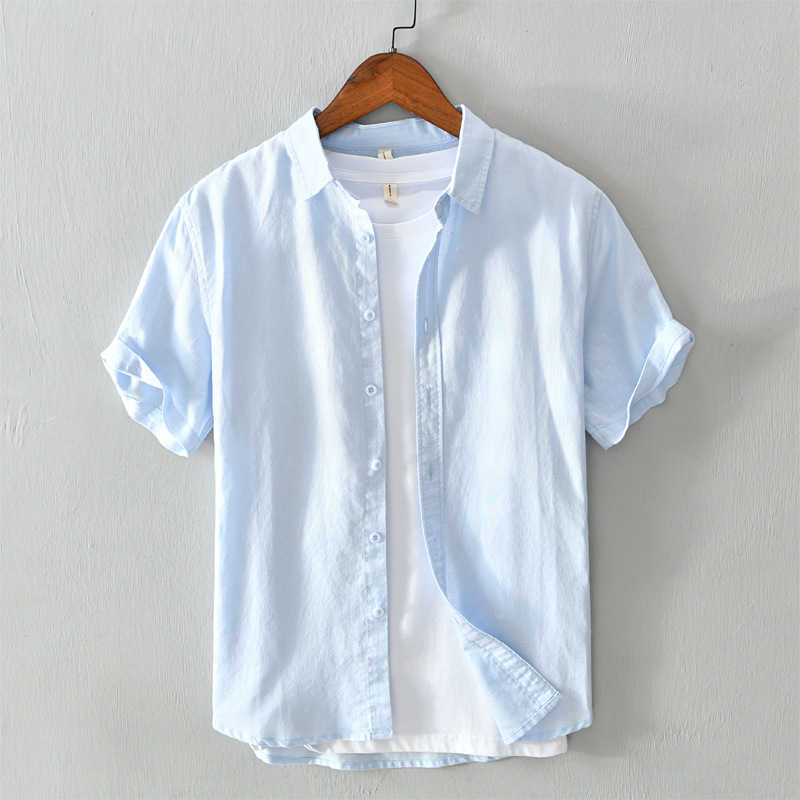 Linen Short Sleeve Shirts for Men Casual Plus Size 4XL Green Turn Down Collar Tops Male Summer Vacation Clothing 210601