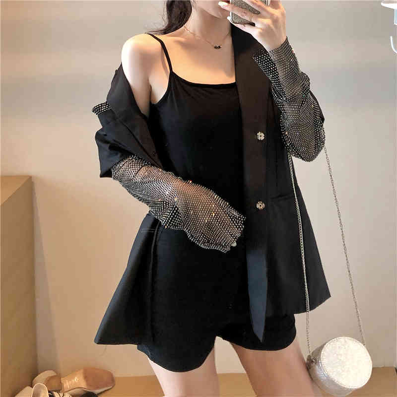 Runway Spring Summer Solid Blazer For Women Long Sleeve Diamond Patchwork Elegant Coat Female Fashion Clothing 210506