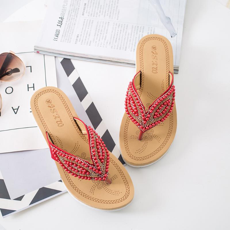 Slippers 36-42 Plus Size Fashion Beading Diamond Platform Beach Shoes Women Summer Flip Flops Flat Sandals A523