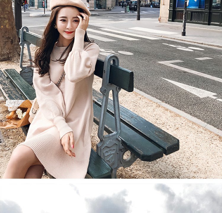 Spring Autumn Korea Dress Women Knitting Oversize fashion Midi Dress Lantern sleeve Fashion casual Sweater Dresses 210518