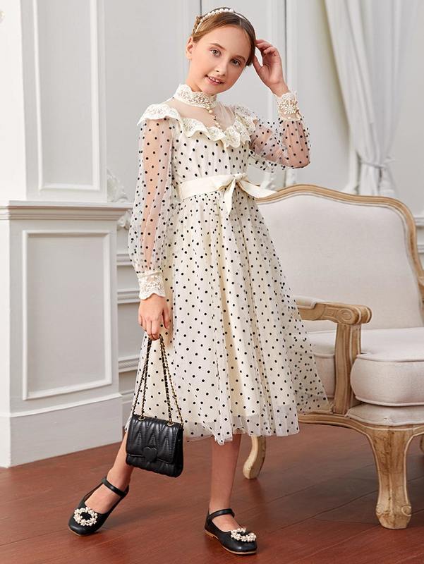 Girls Dobby Mesh Lace Ruffle Trim Belted Dress SHE