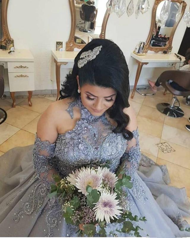 Silver High Neck Quinceanera Dresses Off Shoulder Long Sleeve Ball Gowns Appliques Lace Beaded Prom Party Evening Dress Sweet 16 Brithday 15 Years