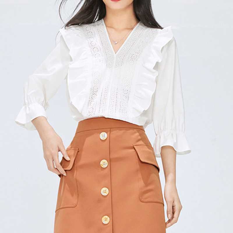 Summer Fashion Elegant V-neck Ruffles Blouses for Women Kawaii Sweet Design All-match Office Lady Woman Tops Hollow Out Shirts 210525, Dark brown
Summer Fashion Elegant V-neck Ruffles Blouses for Women Kawaii Sweet Design All-match Office Lady Woman Tops Hollow Out Shirts 210525, Dark brown