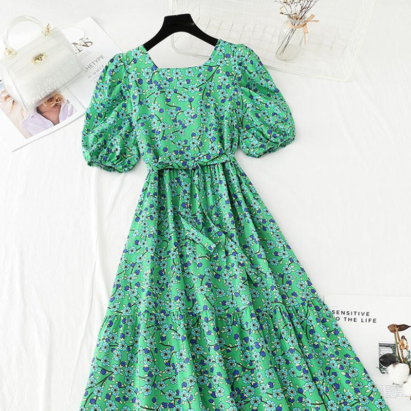 Cotton Linen Printing Summer Dress Vintage Casual Square Collar Short Sleeve Floral Midi Dresses Women Elegant Vestidos 210521