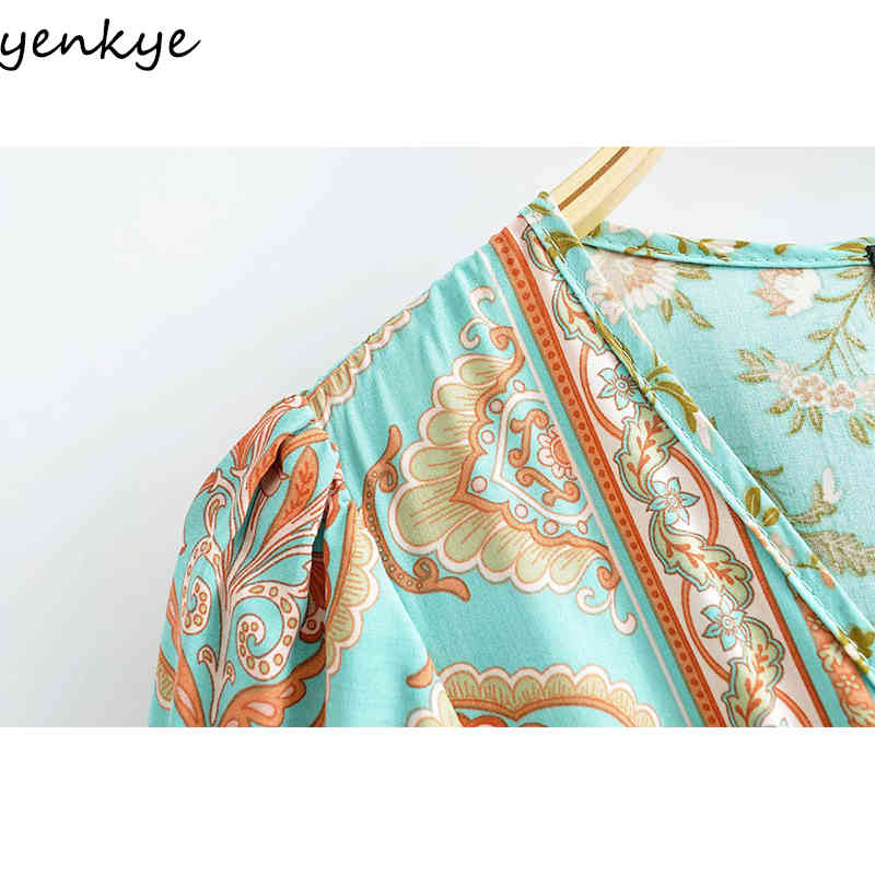 YENKYE Floral Print Holiday Summer Boho Dress Women V Neck Short Sleeve Drawstring Waist A-line Casual Long Maxi Dress Vestido 210515