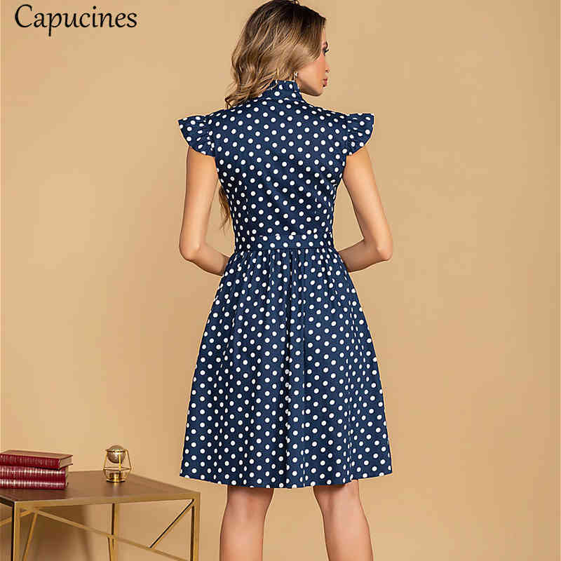 Capucines Ladies Vintage Ruffles Stand Collar Summer Dress Polka Dot Print Single Breasted Sashes A line Mini Dresses For Women 210409