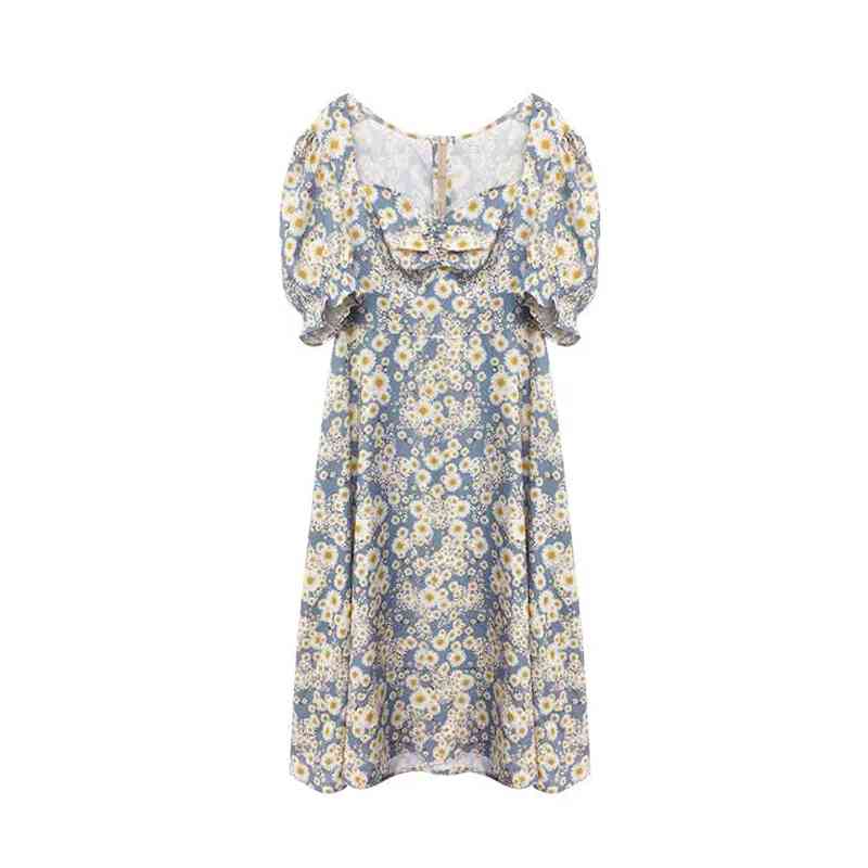 Summer Casual Short Puff Sleeve Women Medi Dresses Plus Size V Neck Floral Split Dress A-Line Empire Ladies Robe Vestidos 210521