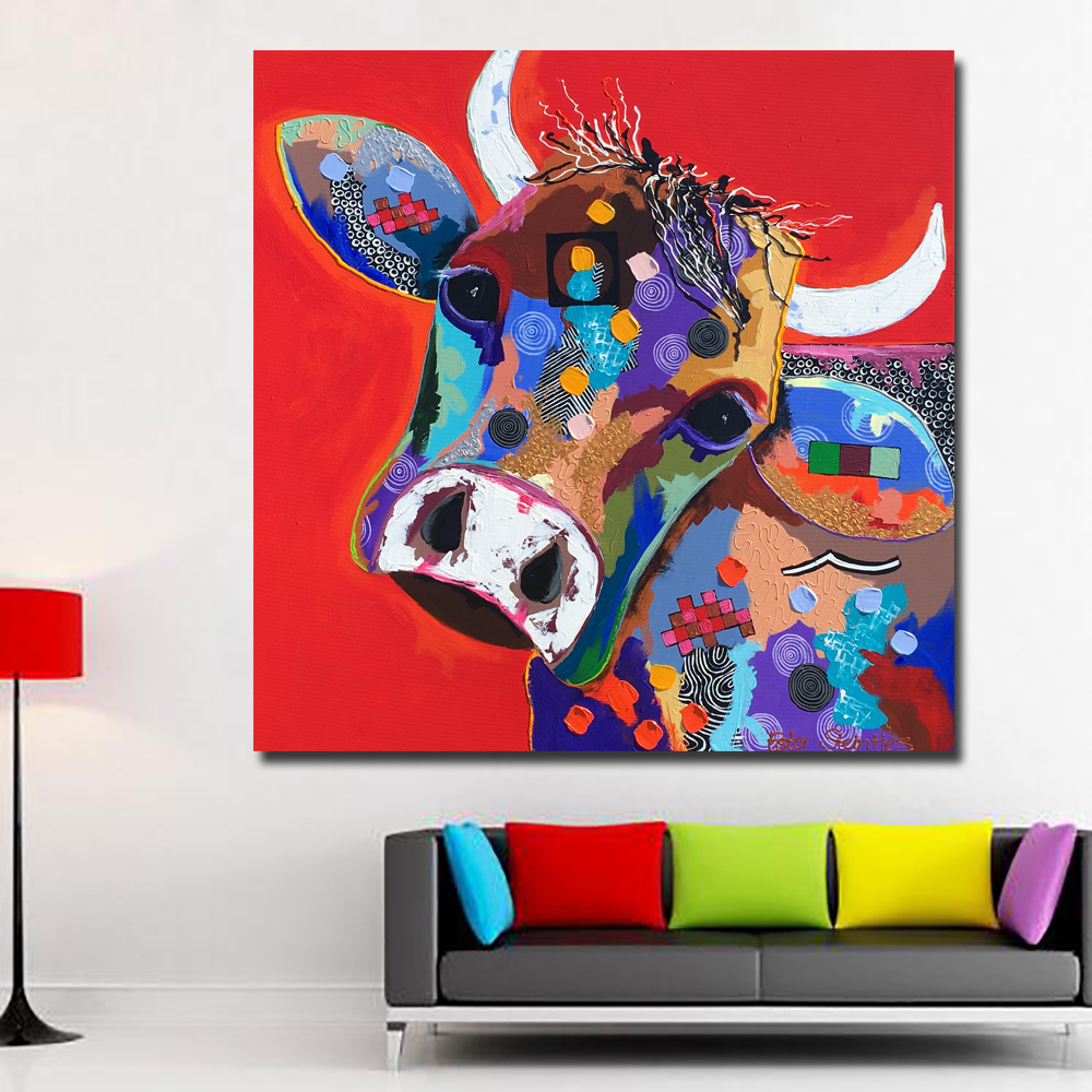 Cartoon Painted Large size printed Canvas Paintings red Cow Oil Paintings Modern Decoration Wall Art Living Room Decor Pictures