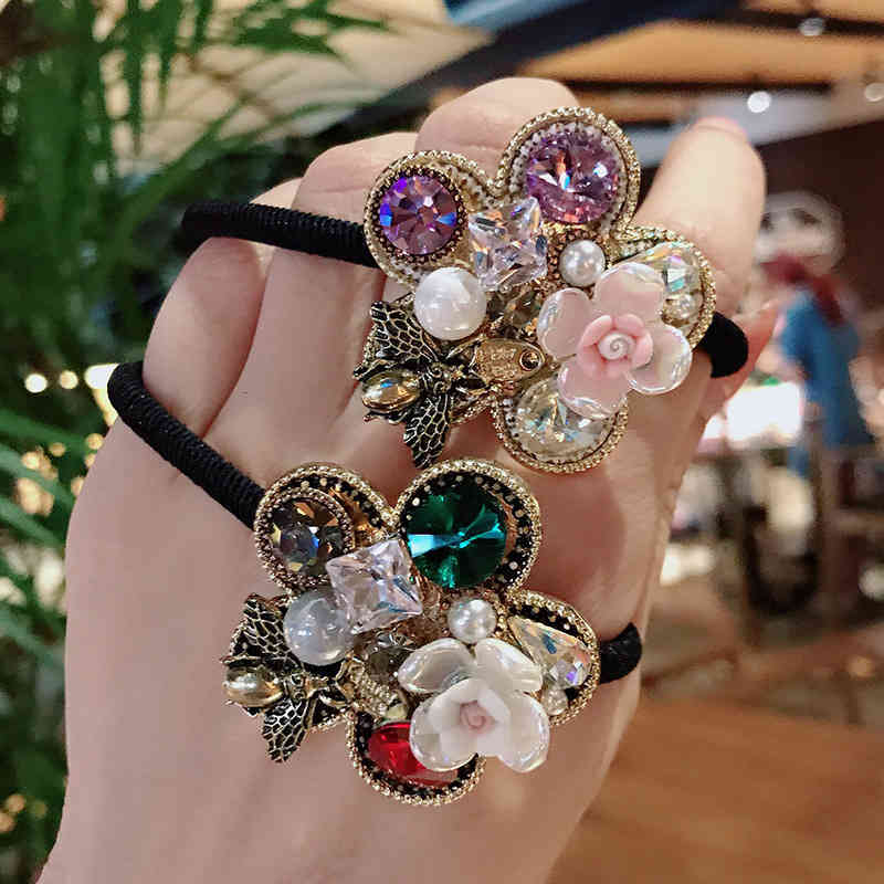 Hair Jewelry Accessories Spring and Autumn Baroque Pearl Rope Girl Head Five Petal Flower Multicolor Full Diamond Net Red Rubber Band Headdress