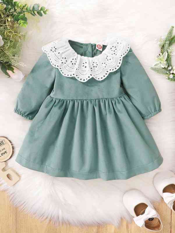 Baby Eyelet Embroidery Scallop Trim Button Back Velvet Dress SHE