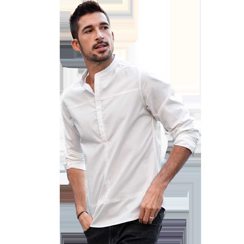 KUEGOU Blended Cotton Solid color Spring Summer Man Shirt Long Sleeve Half cardigan Fashion Shirts men Top Plus Size BC-20521 210714