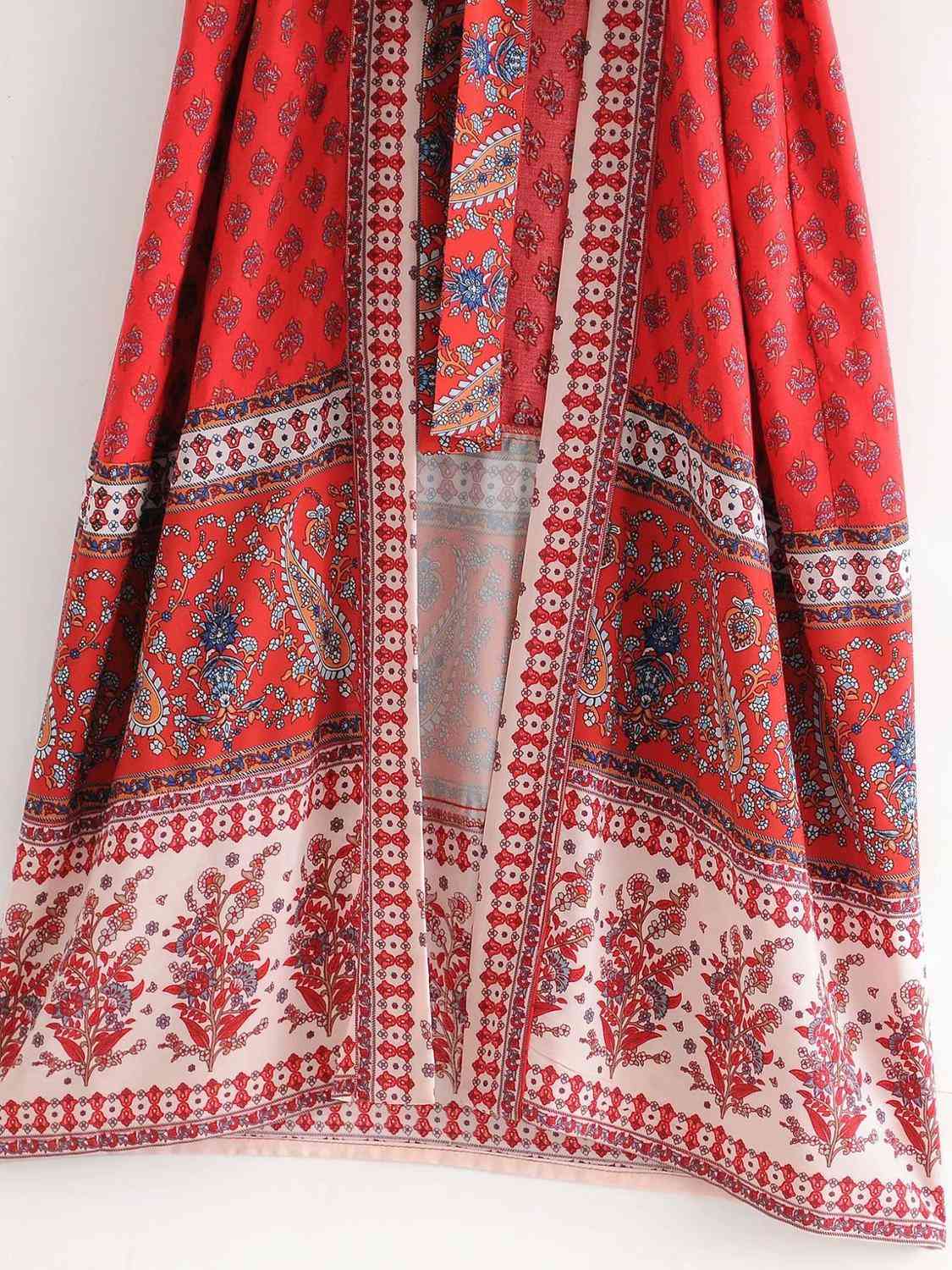Bohemia V neck Red Floral Print Long Kimono Shirt BOHO Ethnic Lacing up Bow sleeve Cardigan Holiday Blouse Loose 210429