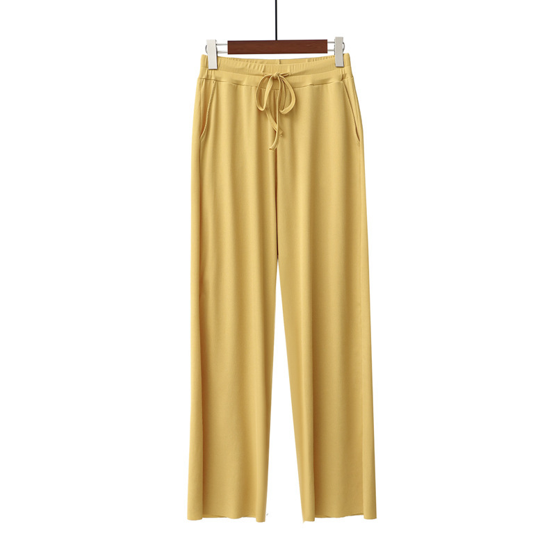 Women wide leg long Pants with pockets Summer Casual Soft Ice Silk Wide Leg elastic waist Trousers pants 210524