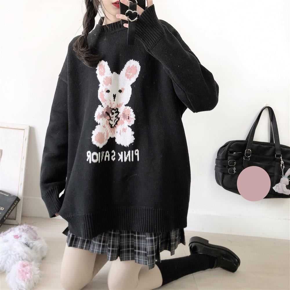 Autumn Winter Harajuku bunny Knitting Sleeve Sweater Casual Long Women Printed Loose Boyfriend Pullover Gothic punk 211011Z