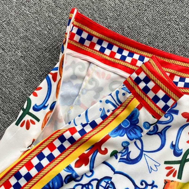 Print Runway Fashion Elegant Vintage Pant Suit Ruffle Blouse Shirt Top And Long Pants Two Piece Set Women Sets Women's
