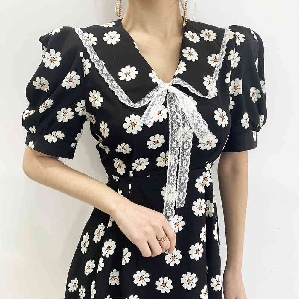 Korea Women's Lace Bow Peter Pan Collar Dress Ladies Small Daisy Printed Dresses Summer Girl Student Vestidos Women Clothes 210506