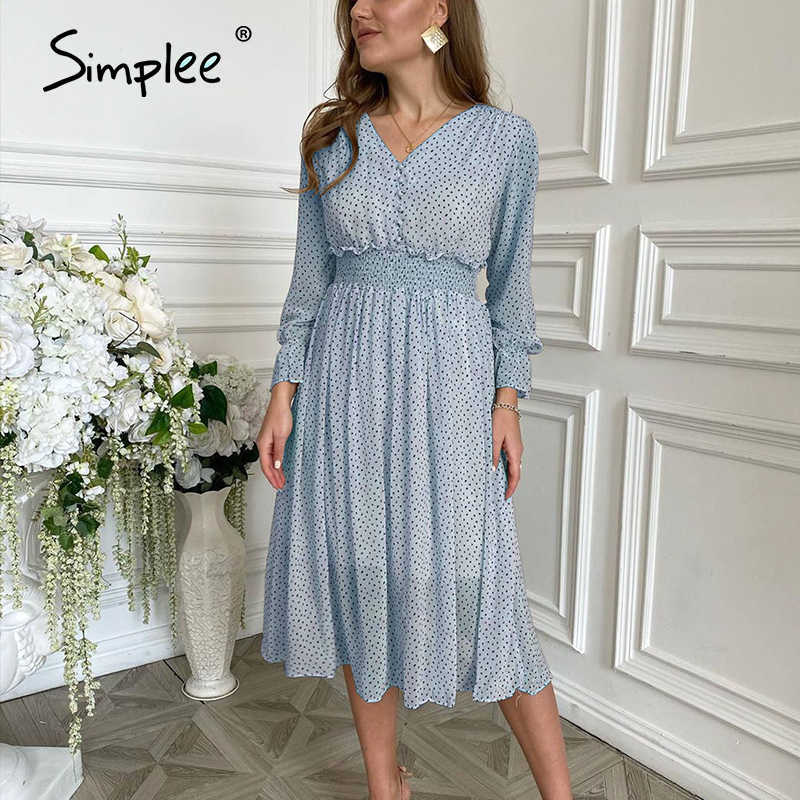 casual flare sleeve dres Elegant V-neck Polka Dot print sash dress A-Line holiday female midi dress autumn 210630