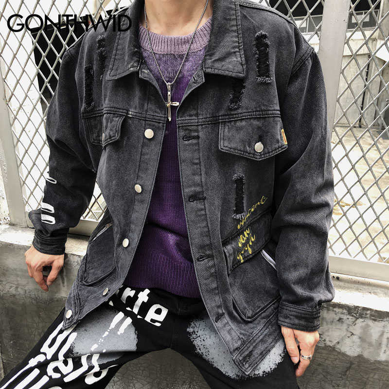GONTHWID Multi Pockets Van Gogh Starry Night Embroidery Print Distressed Destroyed Denim Jean Jackets Coats Hip Hop Streetwear 210820