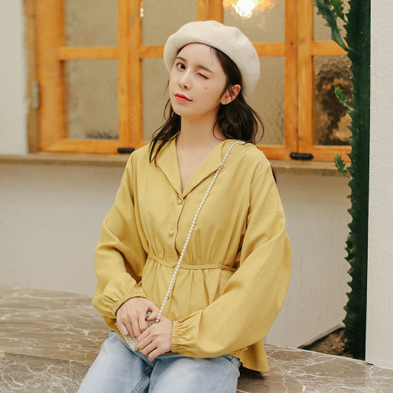 Arrival Spring Autumn Korea Fashion Women Long Sleeve V-neck Shirts All-matched Casual Yellow Blouses Ladies slim Tops S343 210512